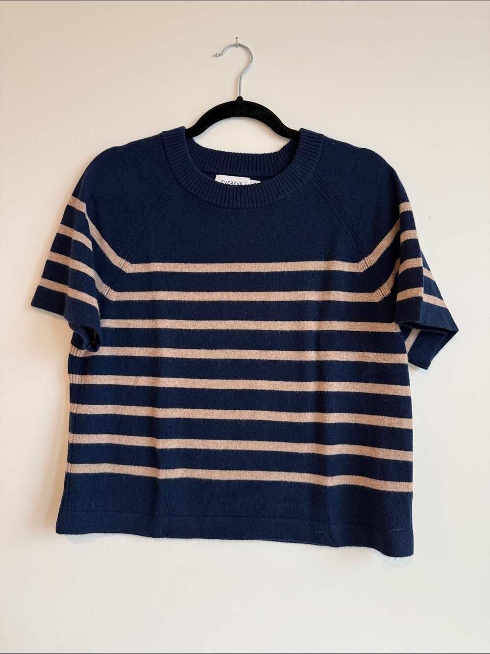 Evereve Navy & Beige Striped Short-Sleeve Cashmere Sweater